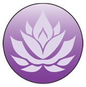 The image displays a circular icon with a purple background featuring a stylized lotus flower at the center, which is traditionally associated with enlightenment and purity in various cultures.