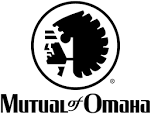 The image is a logo for the 'Omaha' branch of 'Mutual of Omaha,' featuring an emblem with a Native American motif and the company's name in stylized lettering.